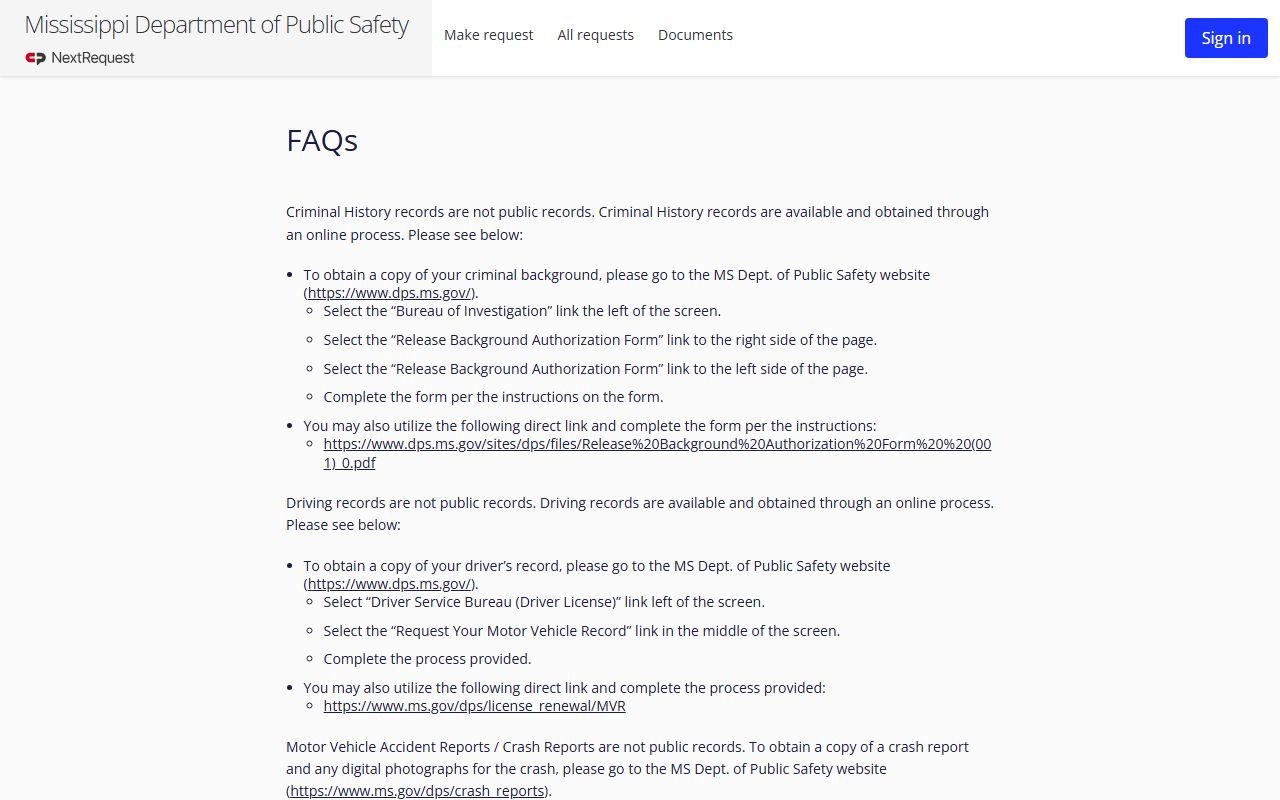 Jefferson Davis County arrest and charge records context at the Mississippi DPS public records FAQ