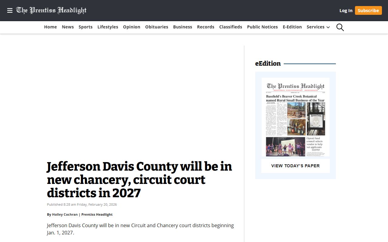 Local news report on the 2027 court district change affecting Jefferson Davis County dockets