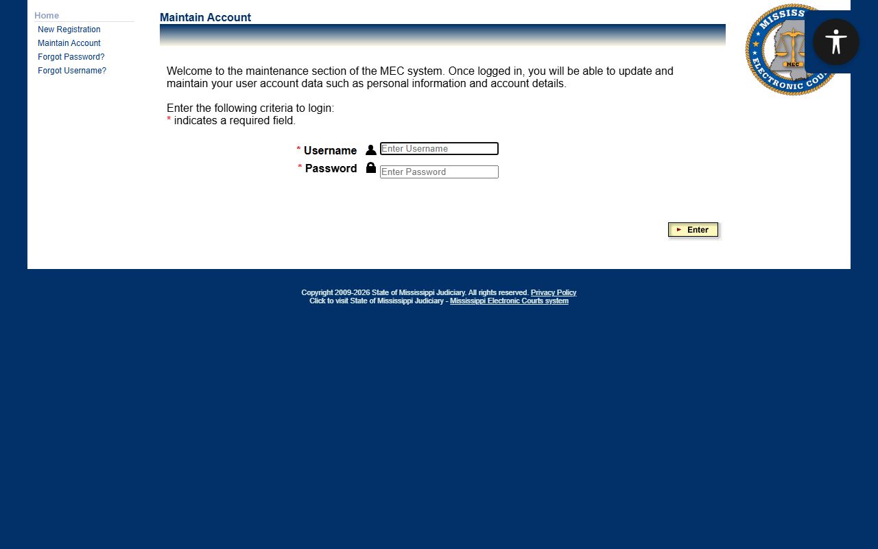 PAMEC account login screen used to reach Jefferson Davis County court records