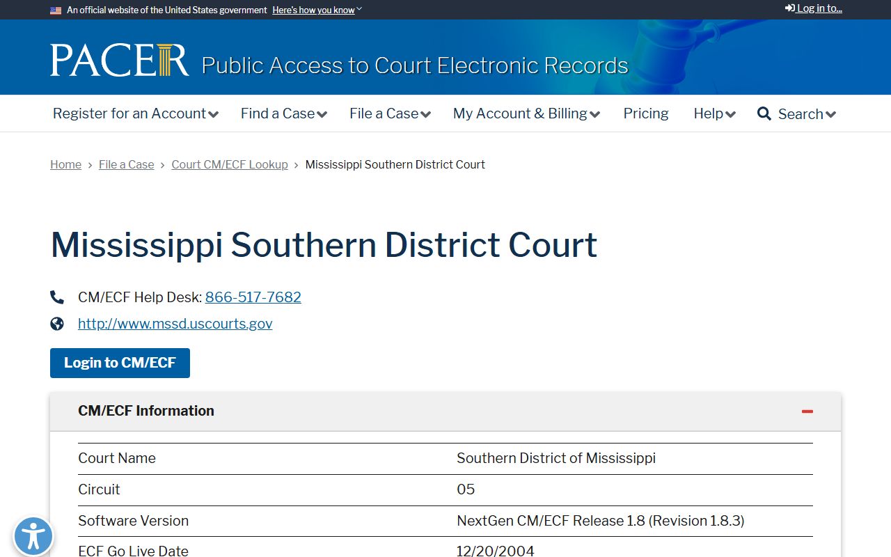 Jefferson Davis County federal district court PACER records listing for Mississippi