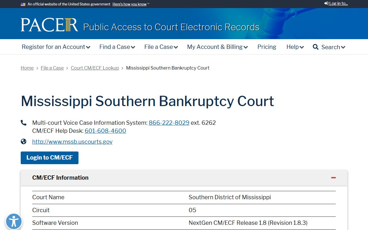 Jefferson Davis County federal bankruptcy court PACER records listing for Mississippi