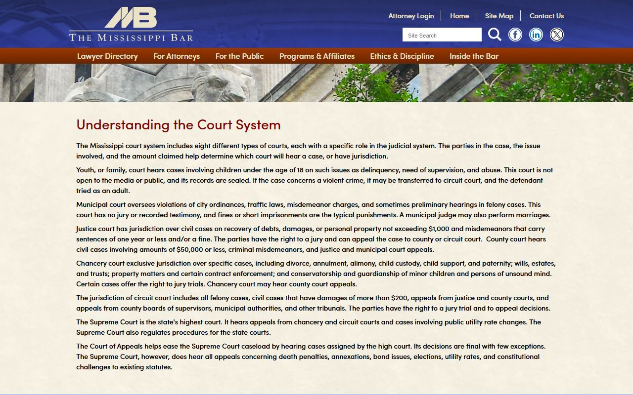 Mississippi Bar court system guide explaining Jefferson Davis County court records and programs