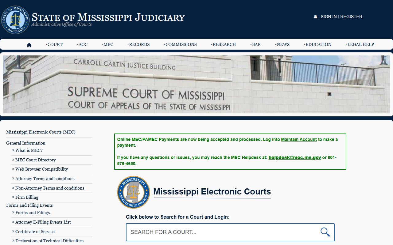 Mississippi Electronic Courts page used for Jefferson Davis County court records access