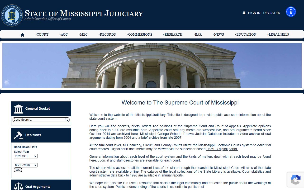 Mississippi Judiciary homepage linking to Jefferson Davis County court records systems