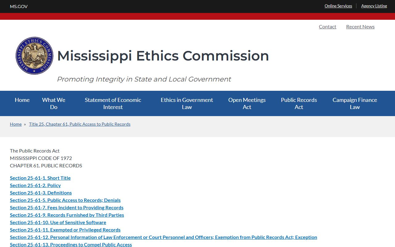 Mississippi Public Records Act page covering Jefferson Davis County court records access