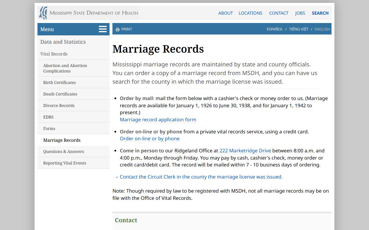 Jefferson Davis County marriage records access explained on the Mississippi State Department of Health page