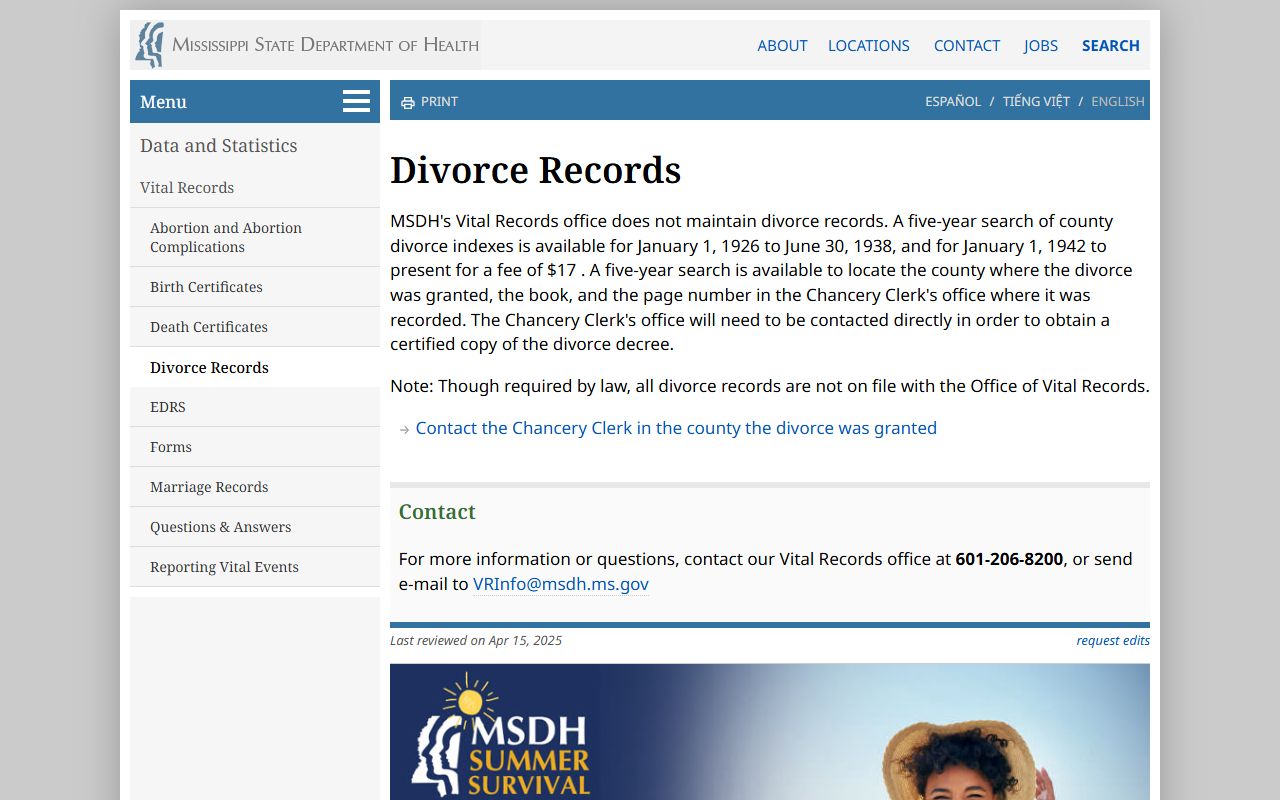 Jefferson Davis County divorce records index search on the Mississippi State Department of Health page