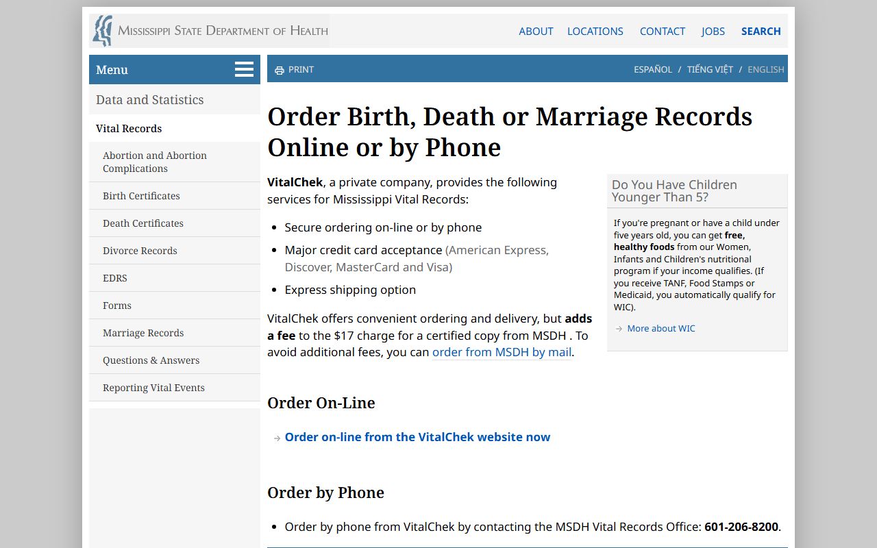 Jefferson Davis County marriage records online and phone ordering on the Mississippi State Department of Health page