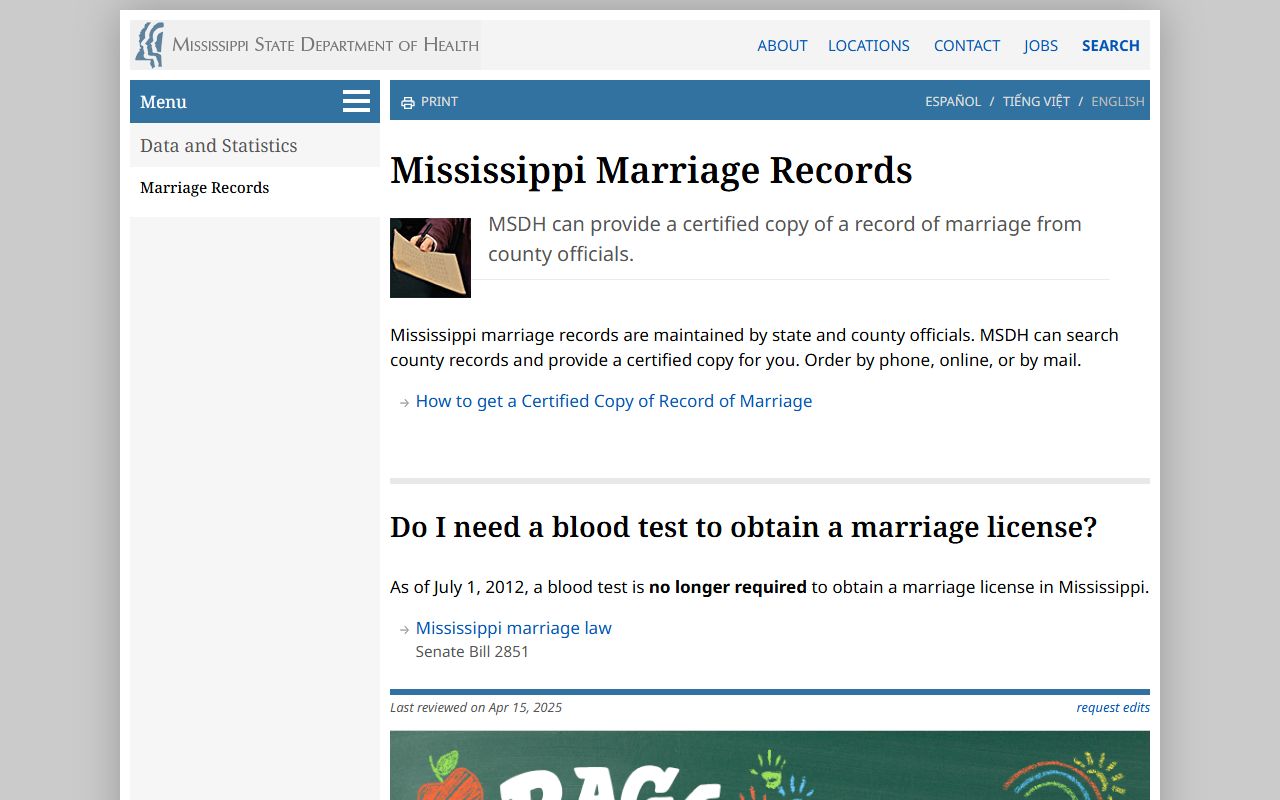 Jefferson Davis County marriage records guidance on the Mississippi State Department of Health blood-test page