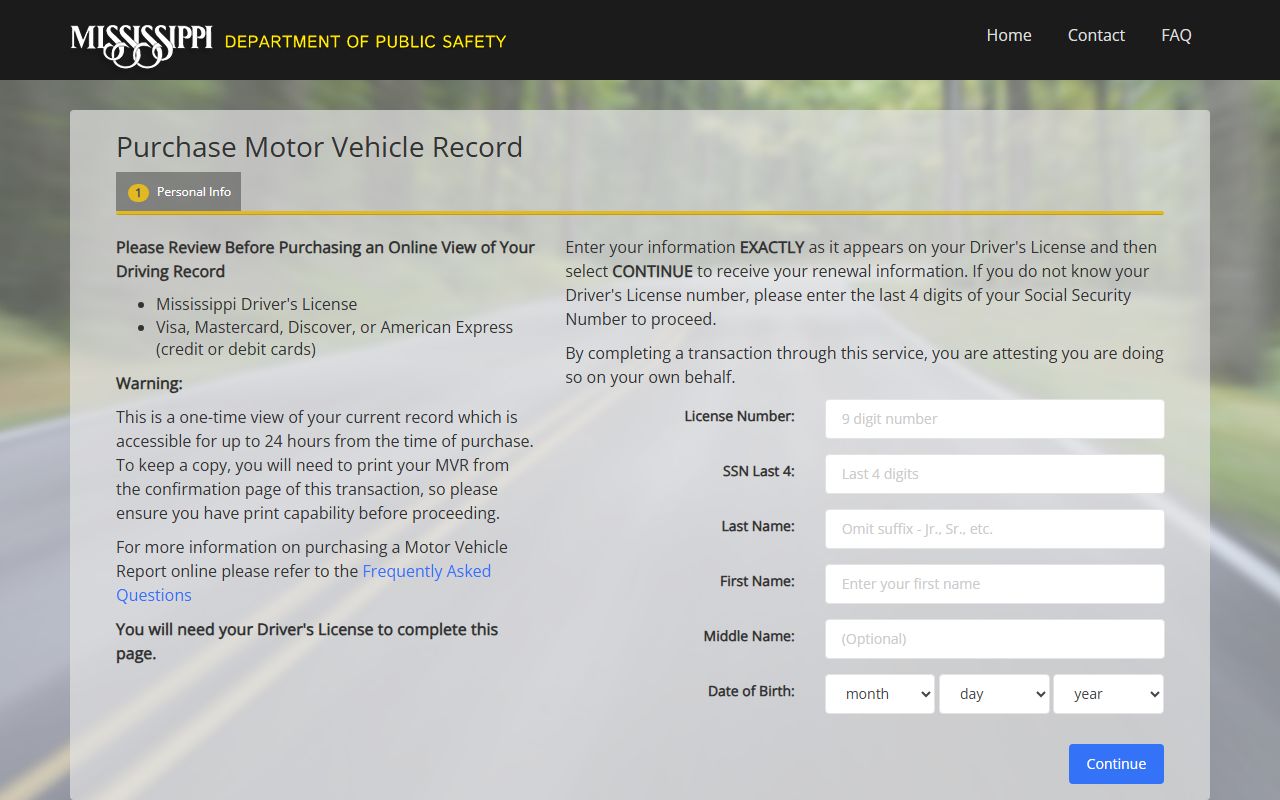 Jefferson Davis County traffic court records, Mississippi DPS Motor Vehicle Record search page