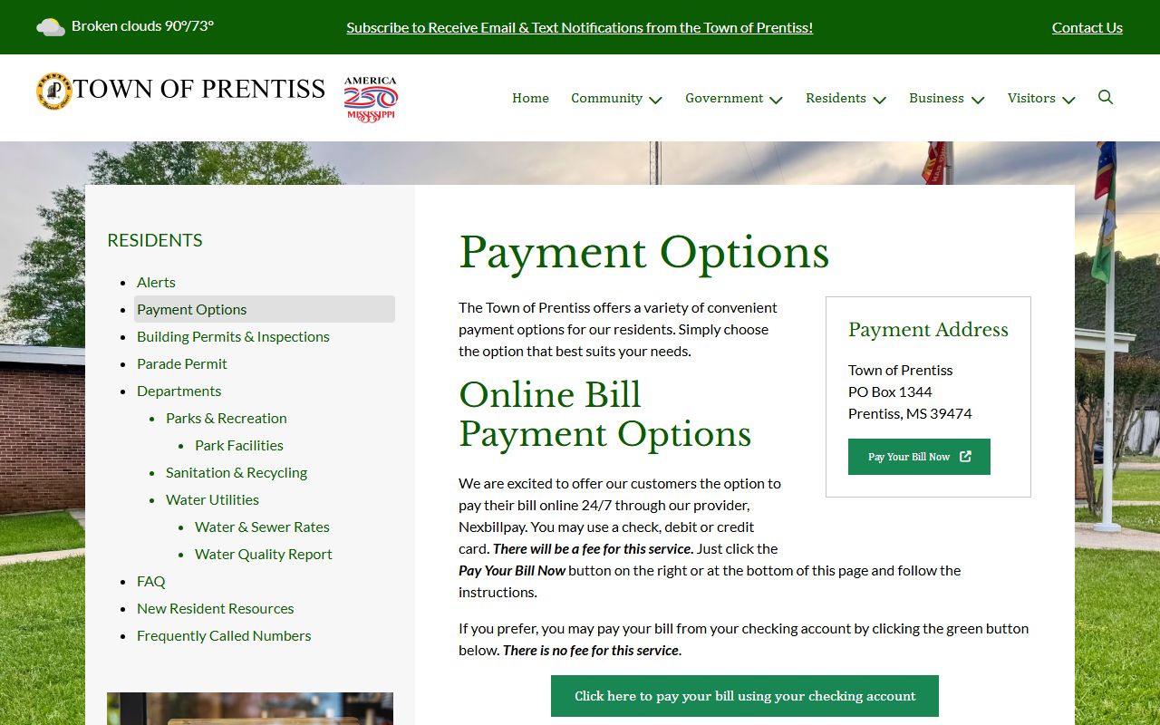 Jefferson Davis County traffic court records, Town of Prentiss payment options page
