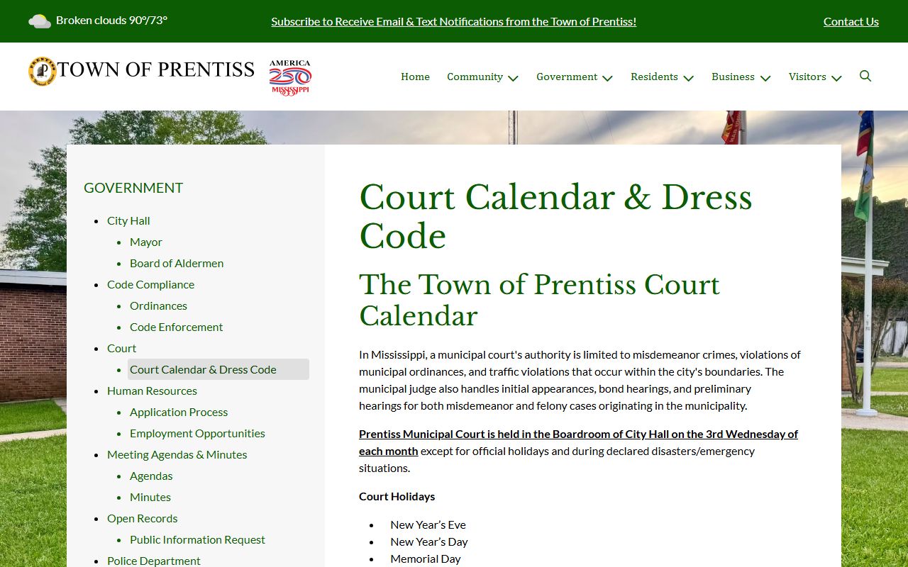 Jefferson Davis County traffic court records, Prentiss municipal court calendar and dress code