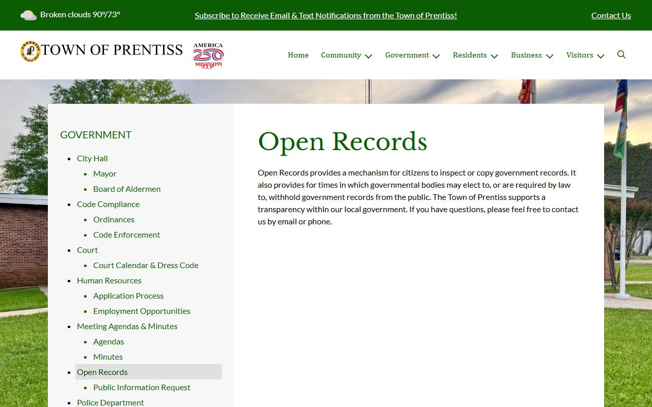 Jefferson Davis County warrant records open records page for the Town of Prentiss