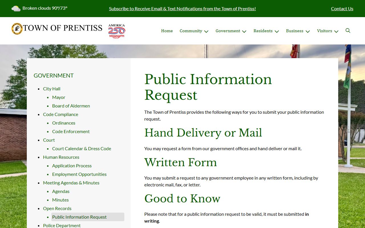 Jefferson Davis County warrant records public information request page for the Town of Prentiss